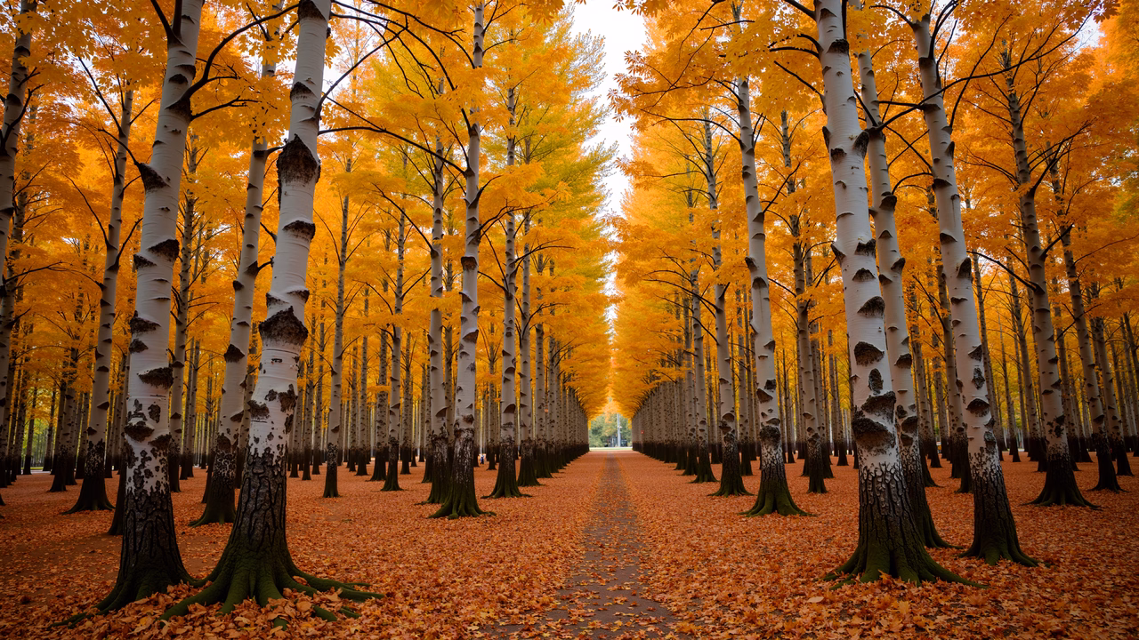 Autumnal birch-lined pathway, serene and golden.