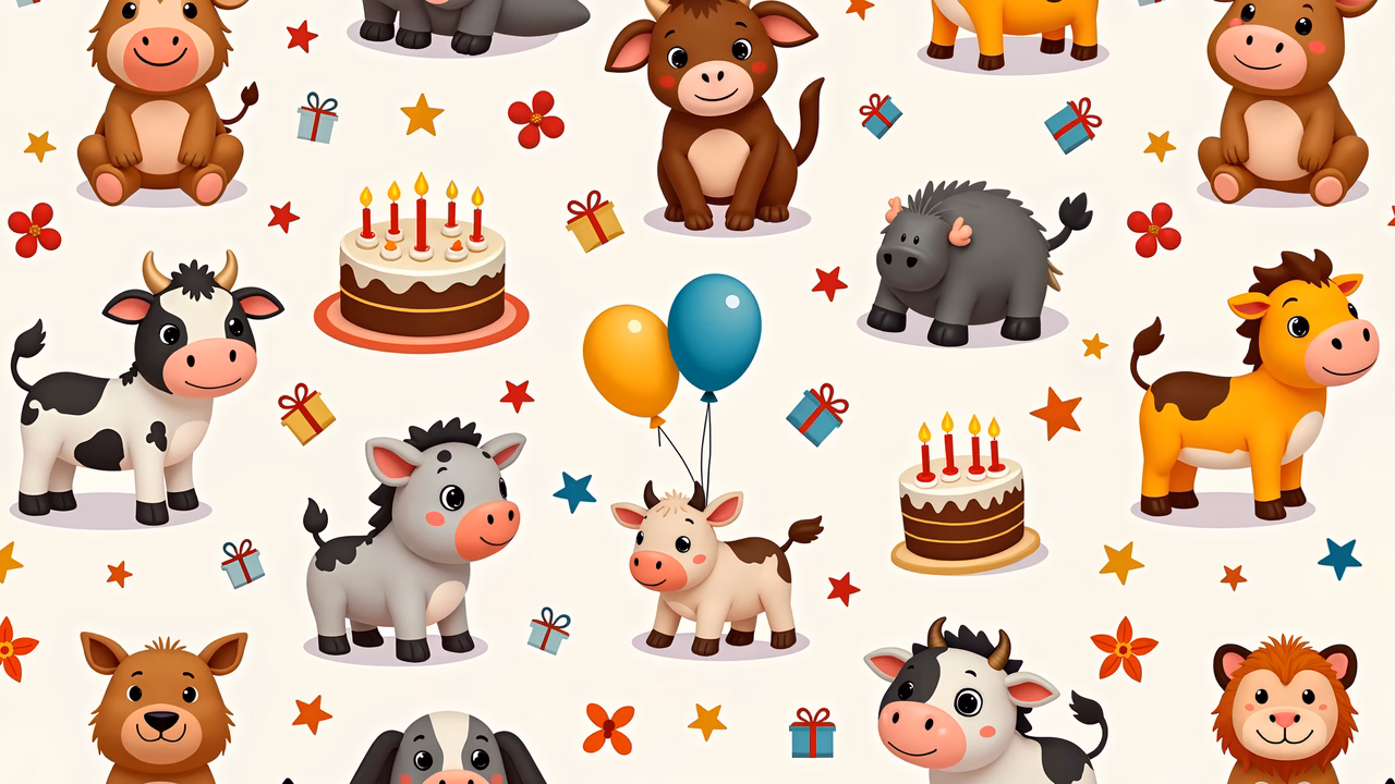 Brightly colored cows celebrating birthdays with festive decorations.