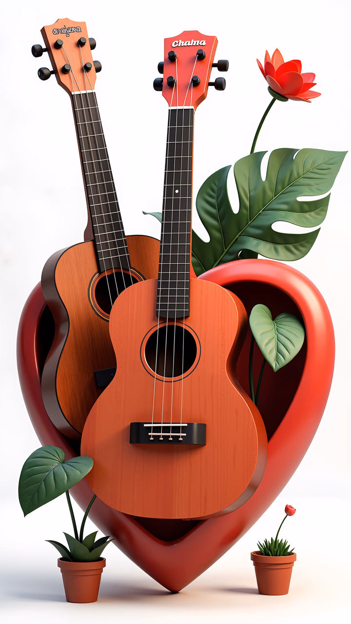 Heart-shaped ukuleles surrounded by greenery and a red flower, symbolizing love and music.