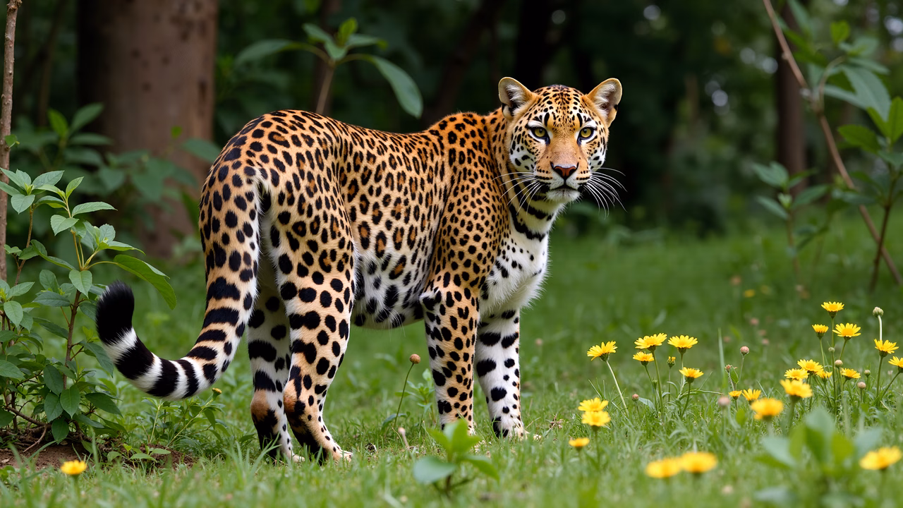 A jaguar in a natural setting with vibrant flowers and dense foliage.
