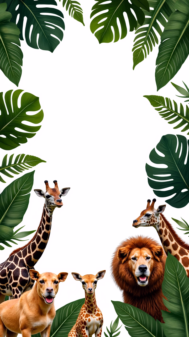 Cartoon-style jungle animals in a playful setting.