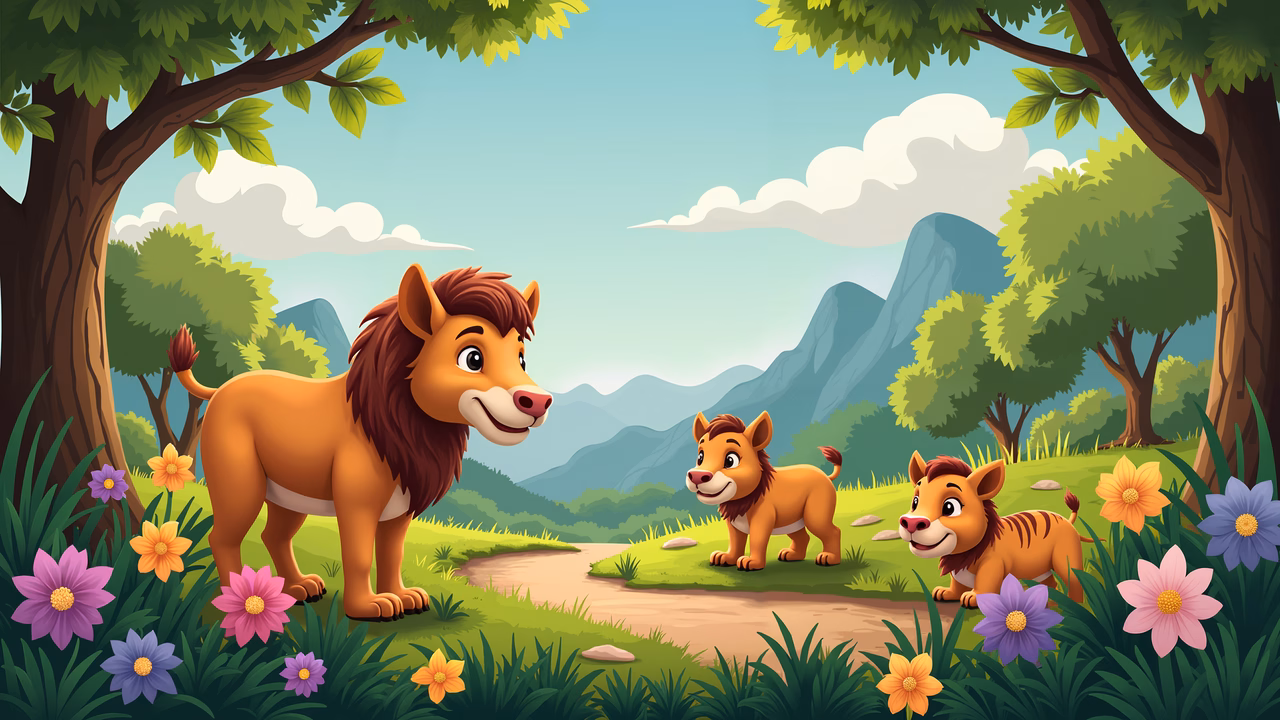 A cheerful lion family in a picturesque forest setting.