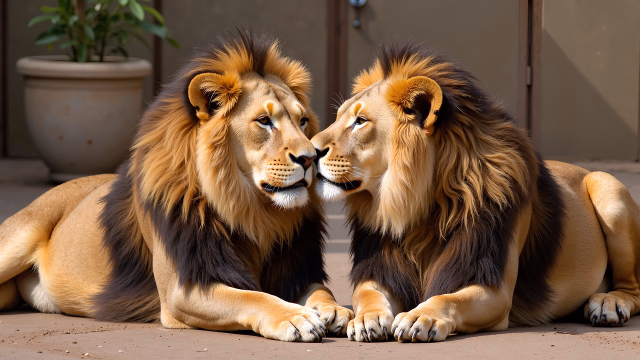 Two lions share a tender moment in natural light, symbolizing friendship and affection.
