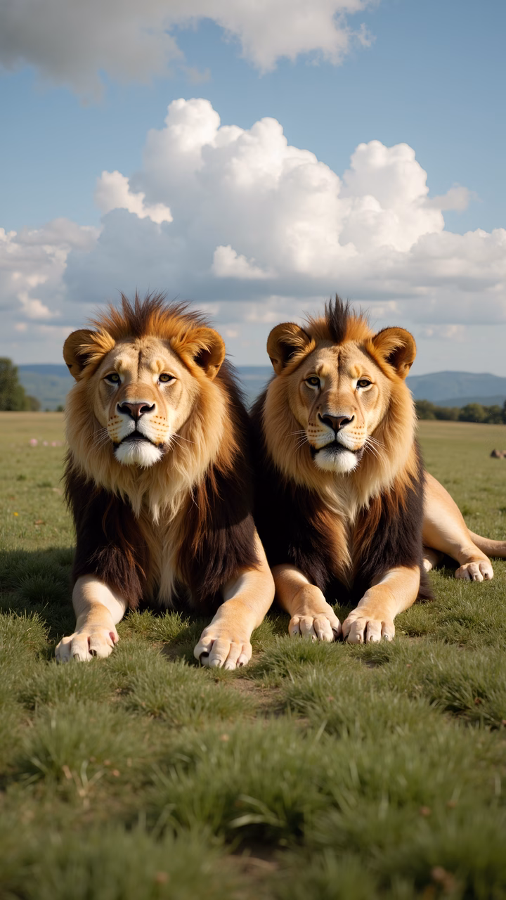 Two lions resting peacefully in a serene landscape.