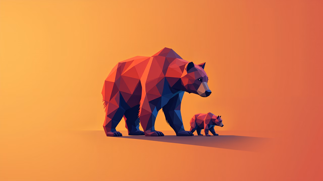 Low poly bears in a protective embrace against a warm gradient backdrop.