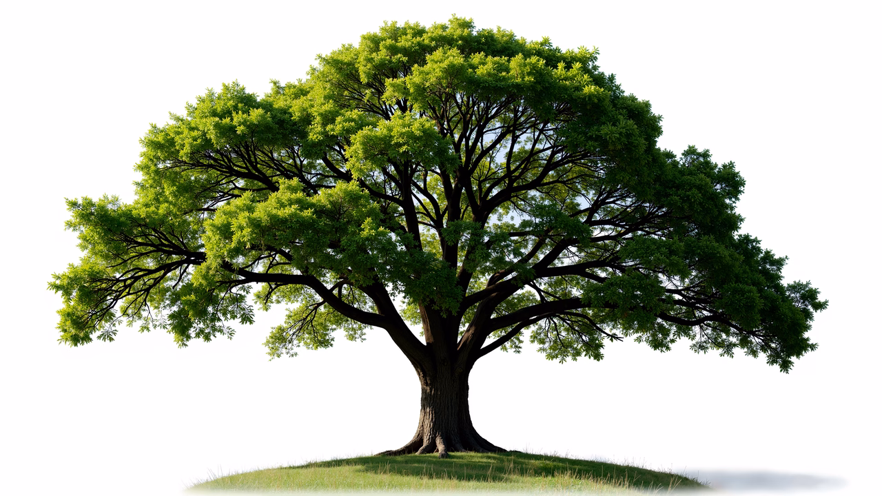 A detailed illustration of a majestic tree with vibrant green leaves, standing alone on a grassy mound, symbolizing peace and nature's beauty.