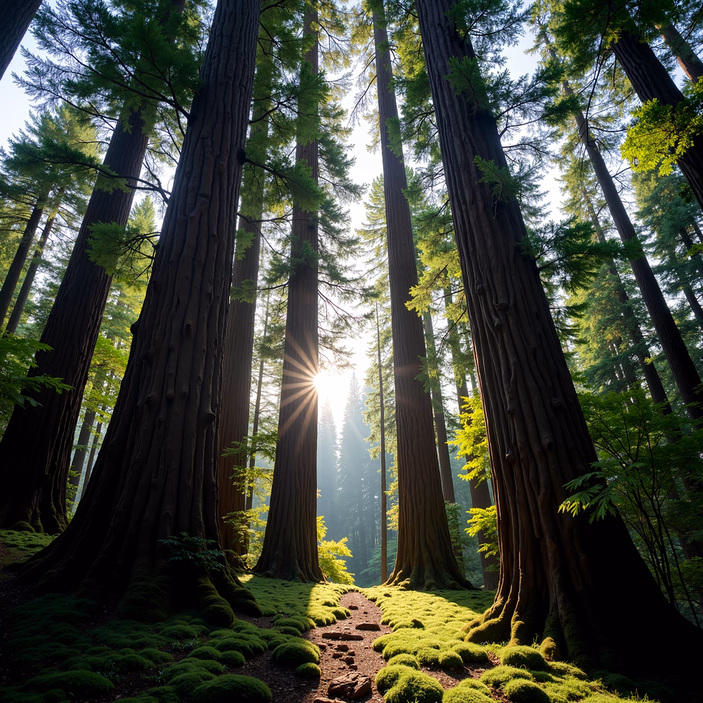 Epic redwood forest with lush moss and dappled sunlight.