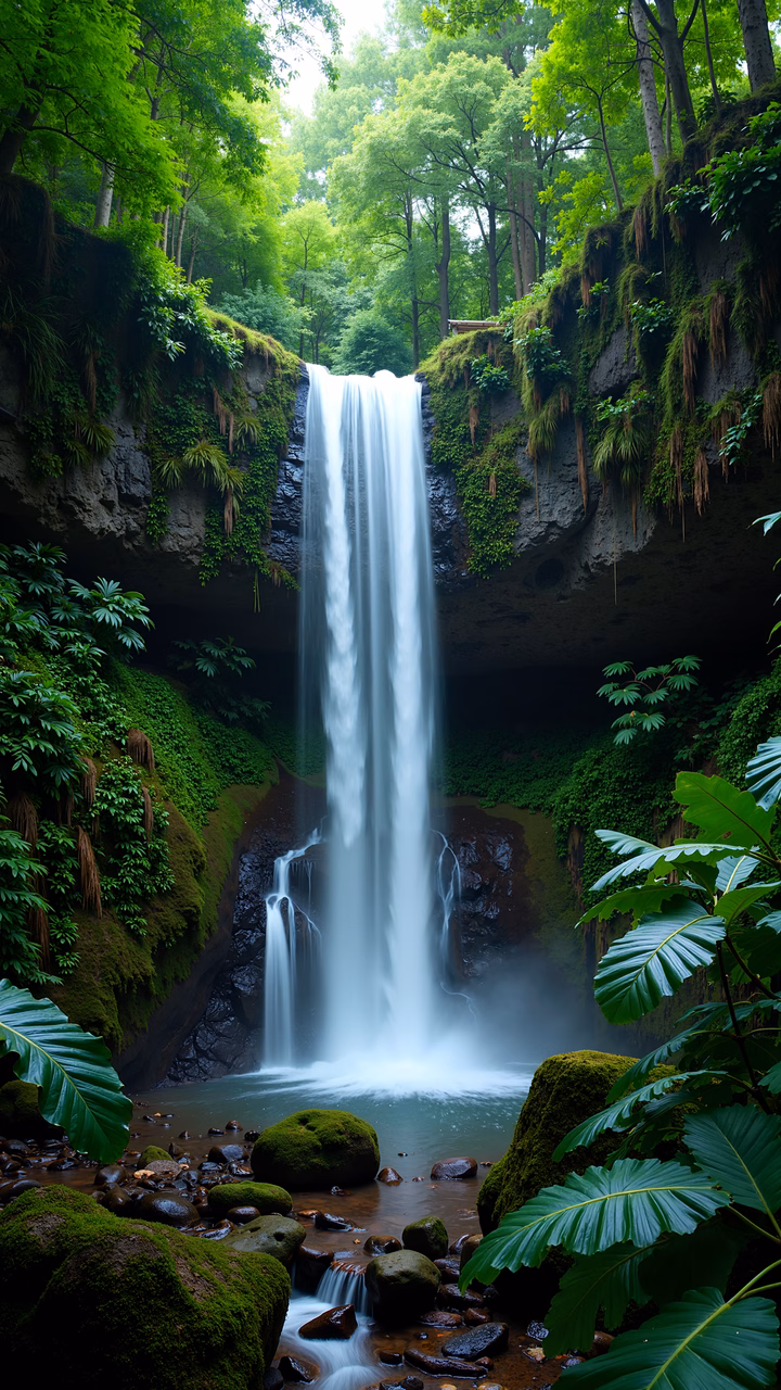 A stunning waterfall in a verdant forest setting, capturing nature's serene beauty.