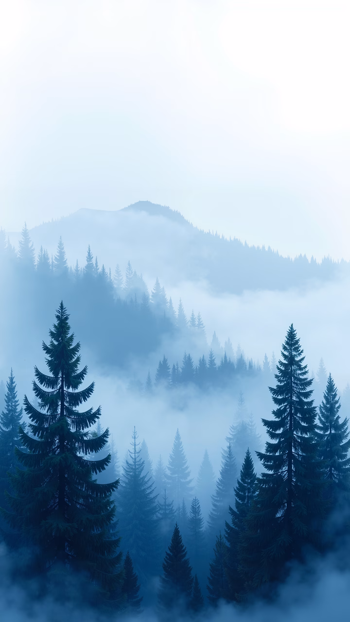 A tranquil misty forest scene with tall evergreen trees and rolling hills.