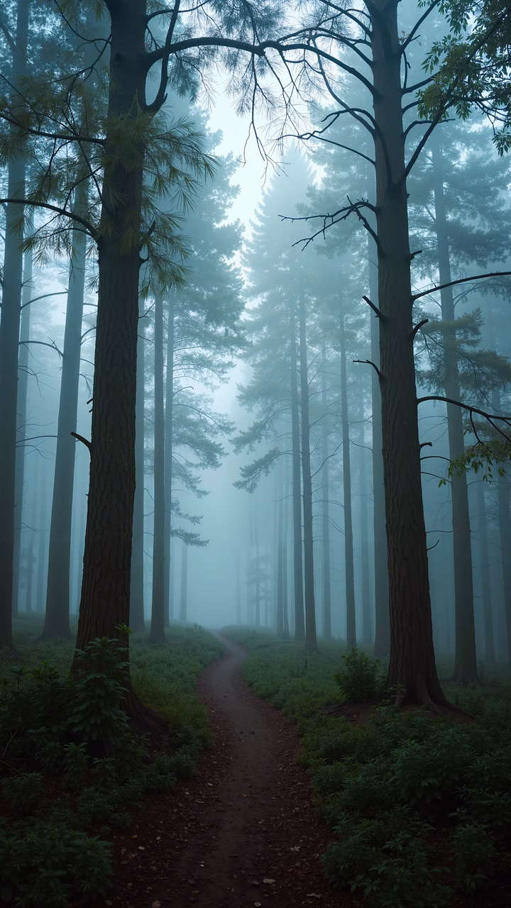 A misty forest path surrounded by tall trees, evoking tranquility and mystery.