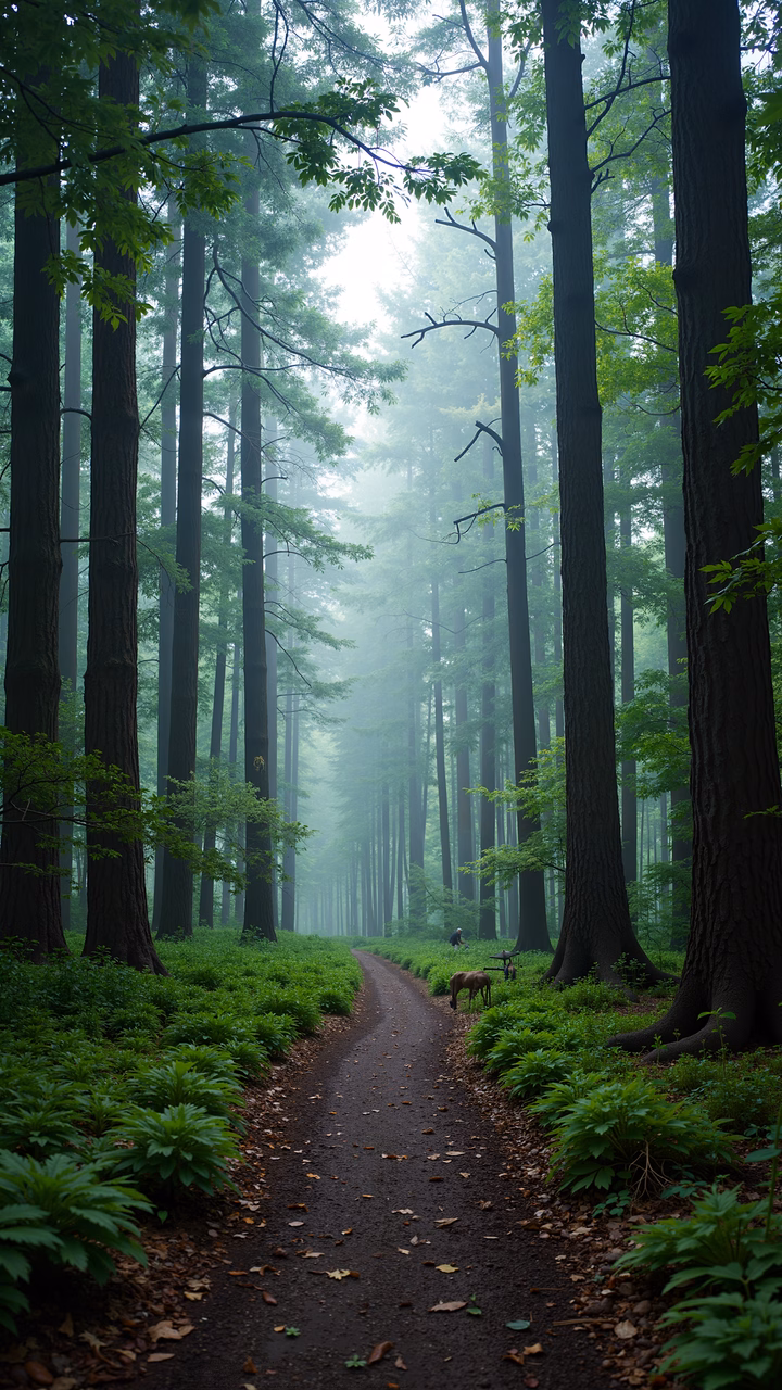 A peaceful forest path surrounded by tall trees and misty ambiance.