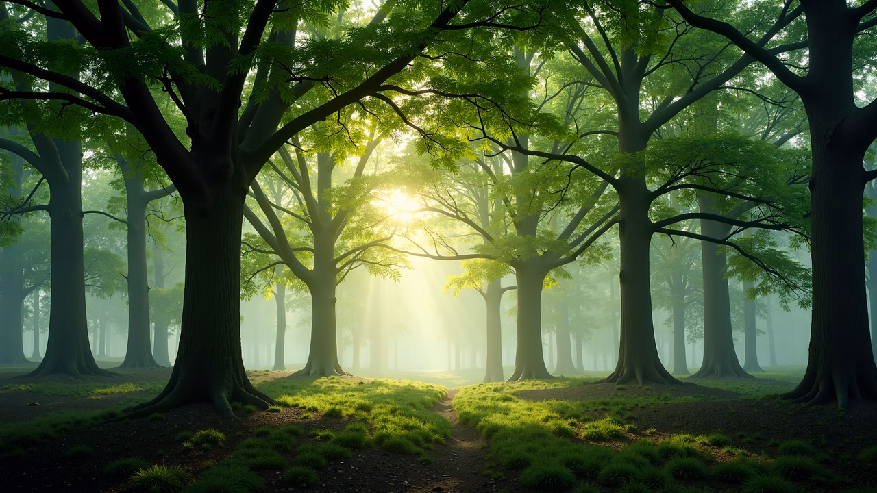 A misty forest path with sunlight filtering through trees, creating a peaceful and mysterious atmosphere.