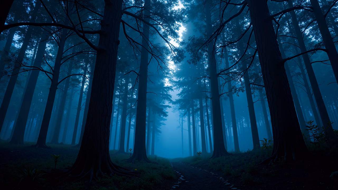 Mysterious misty forest path surrounded by tall trees.