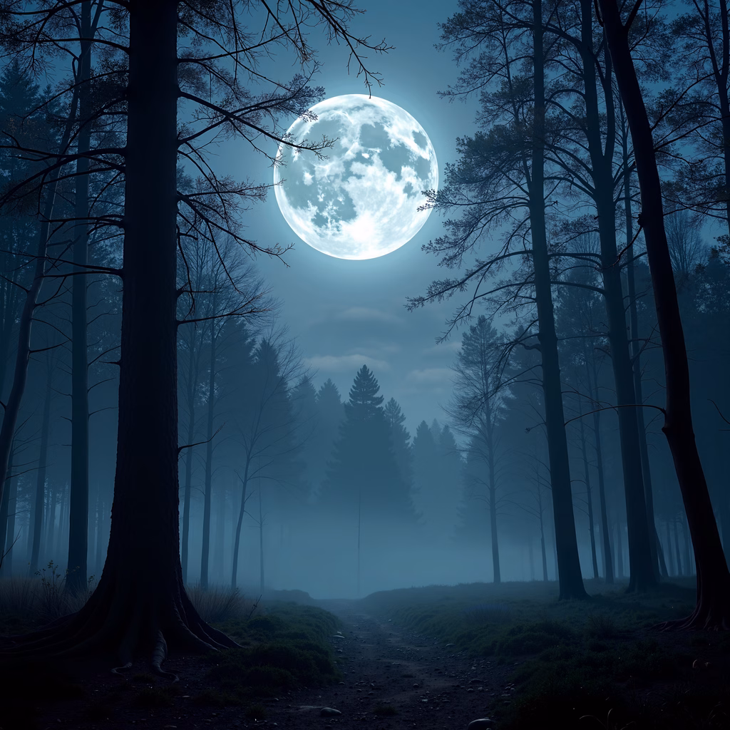 Misty moonlit forest path, serene night scene, cool tones, mysterious atmosphere, natural beauty