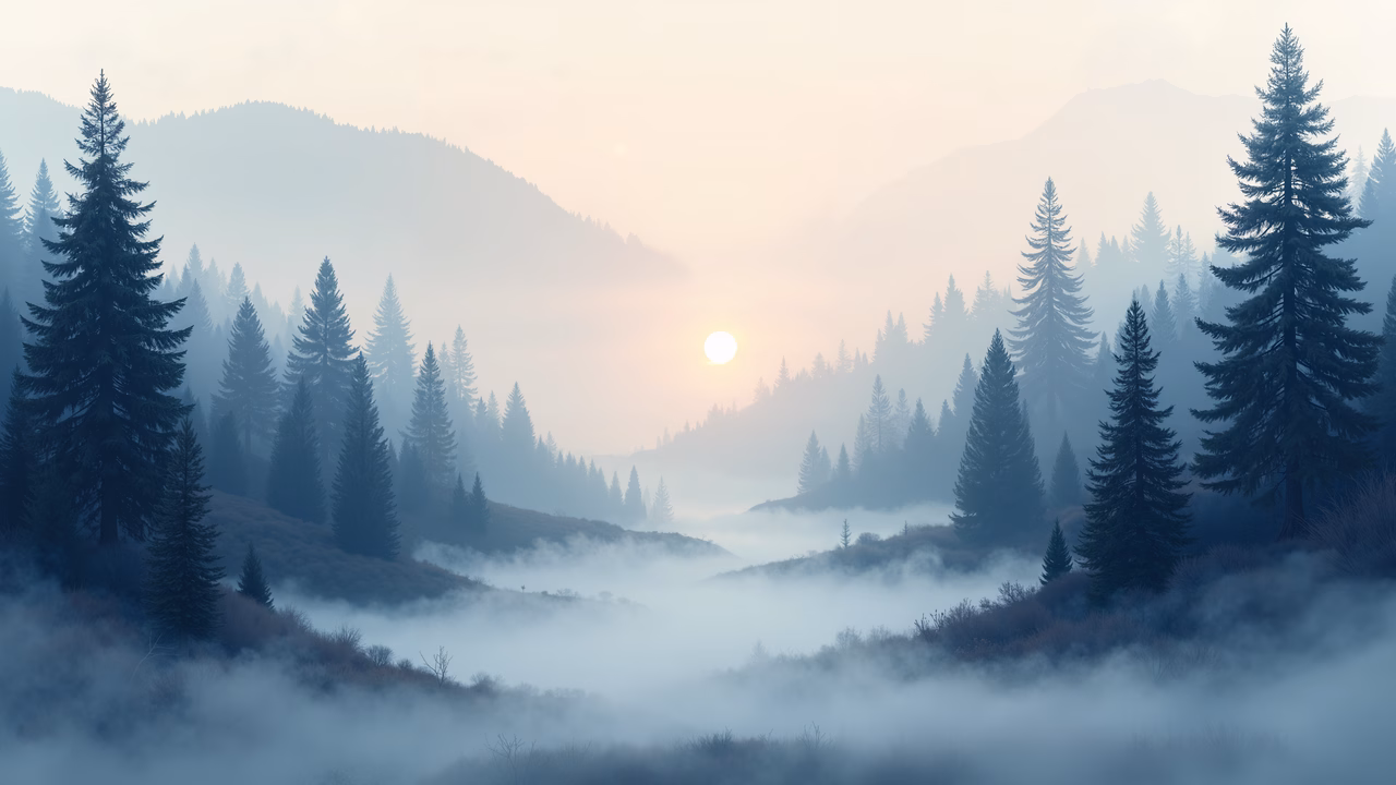 A misty sunrise over a forested mountain range, evoking tranquility and solitude.