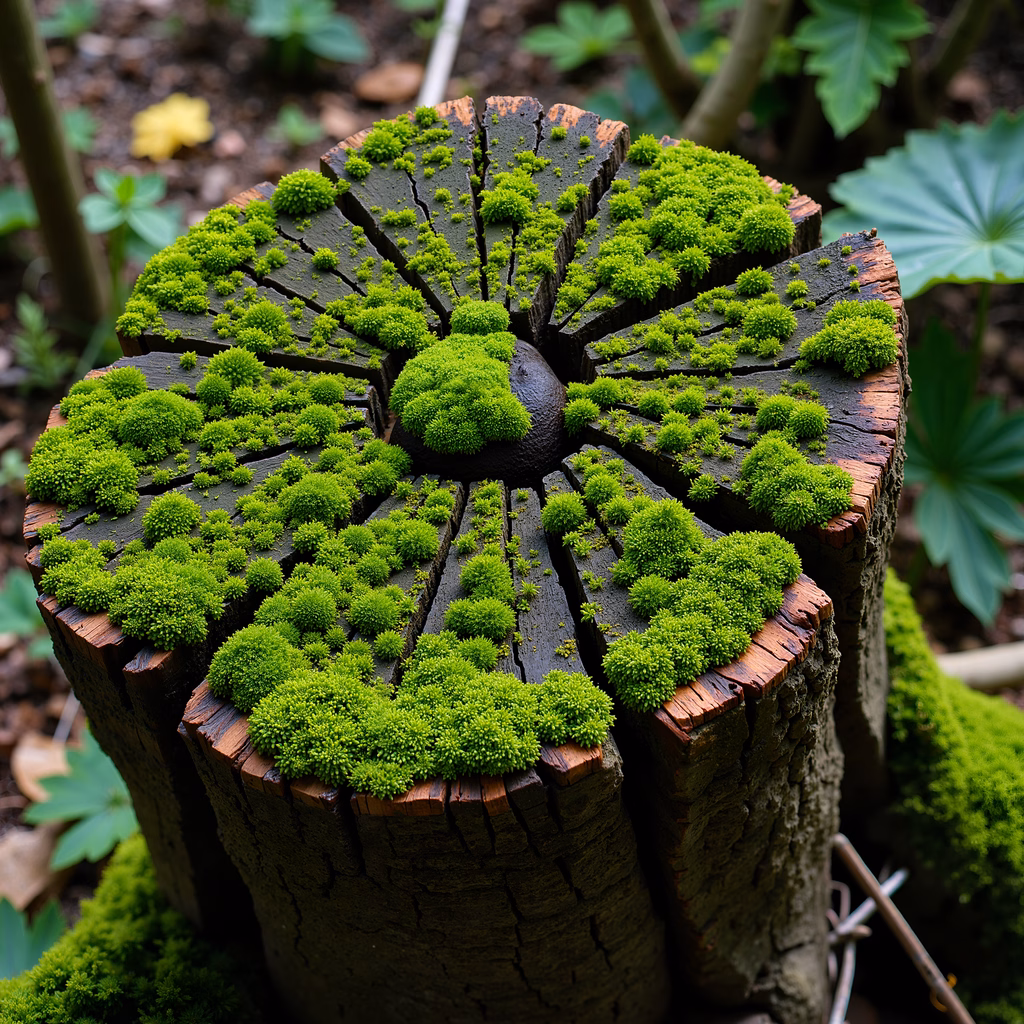 Close-up of a moss-covered tree stump in a lush garden setting.
