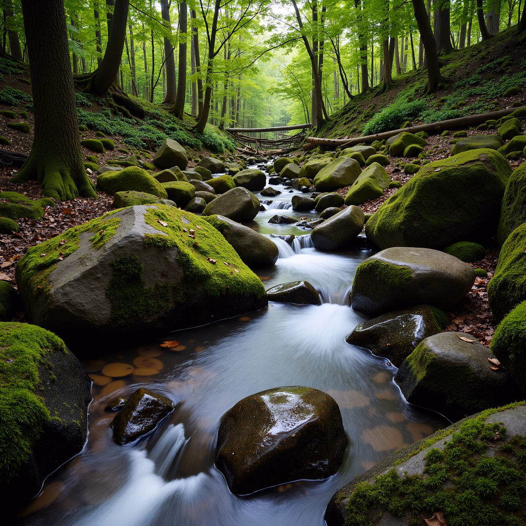 A peaceful forest stream surrounded by moss-covered rocks and tall trees, bathed in soft natural light.