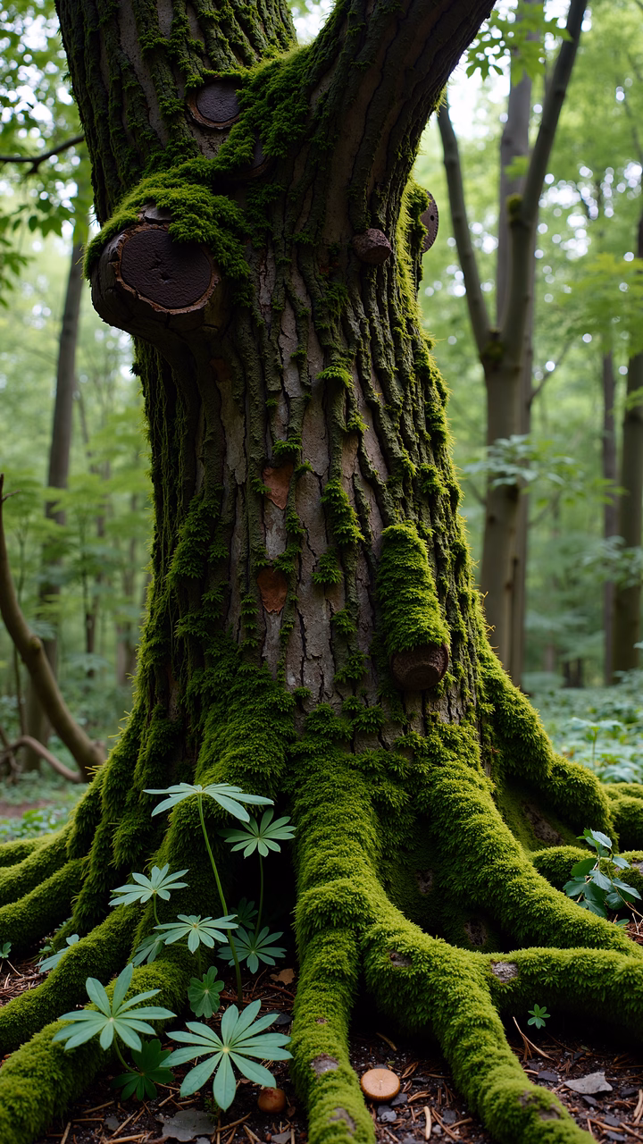 Close-up of moss-covered tree trunk in a lush forest setting.