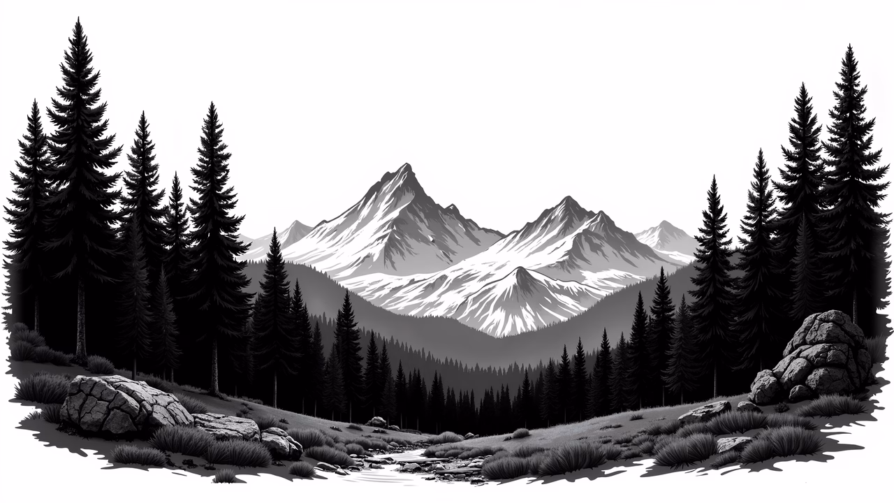 A peaceful black-and-white illustration of a mountain landscape with tall trees and snow-capped peaks.