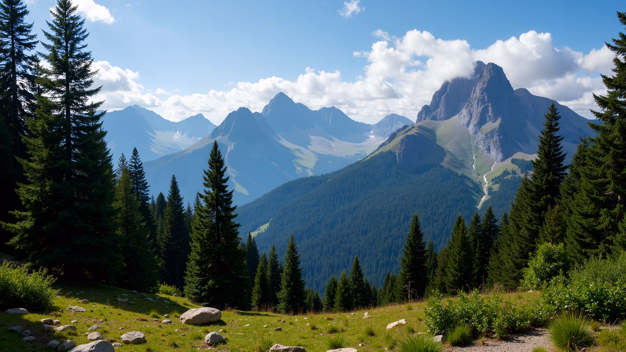 A stunning mountain landscape with vibrant greens and deep blues under a clear sky.