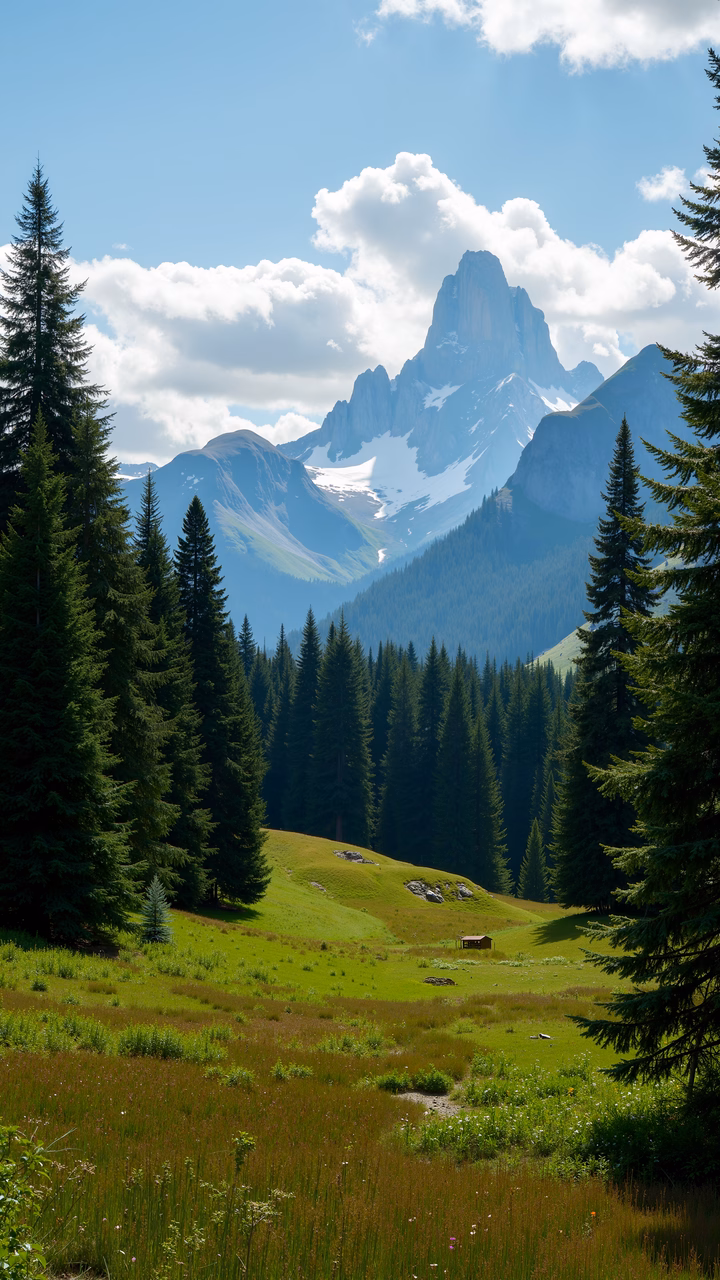 Epic mountain landscape with pine trees and clear skies