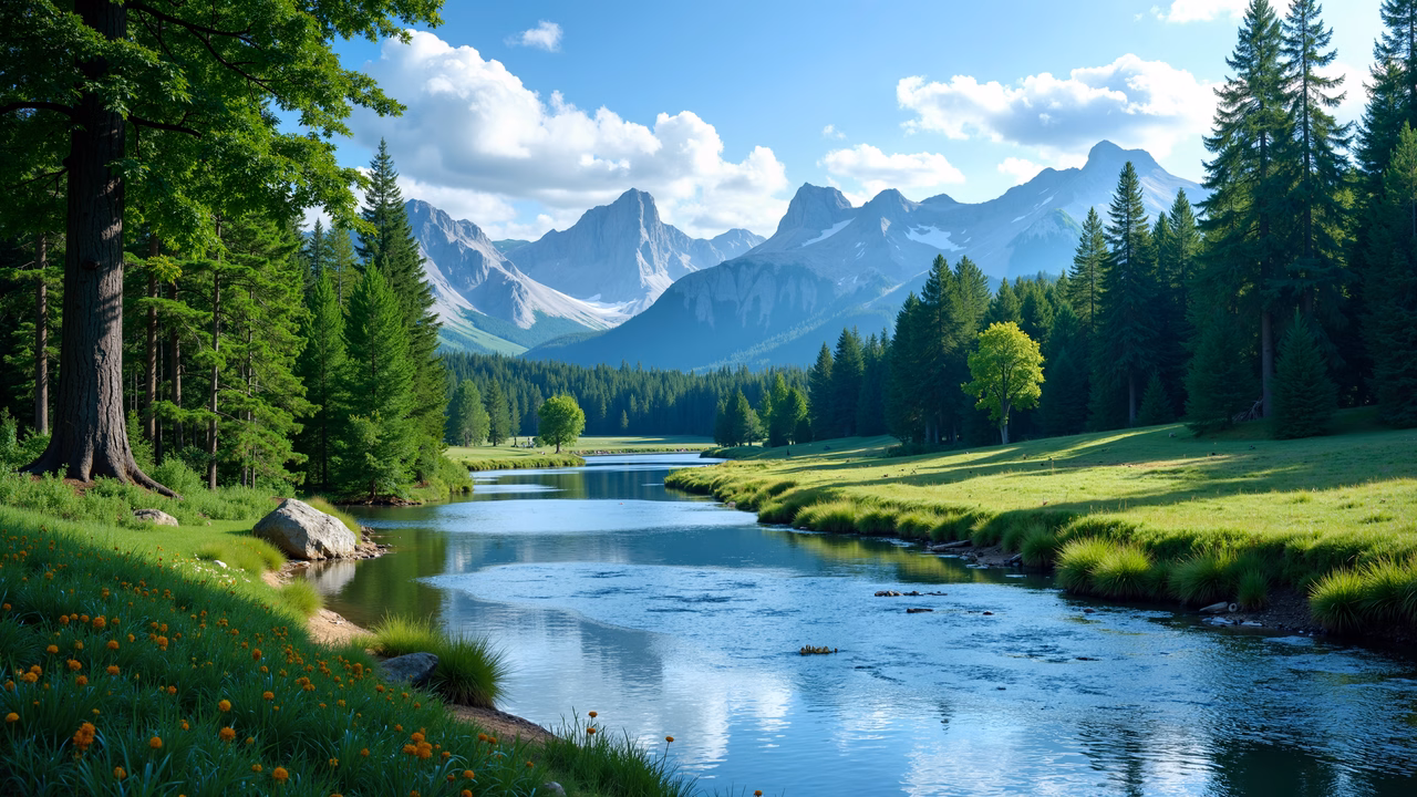 A picturesque mountain river surrounded by vibrant greenery under a bright blue sky.
