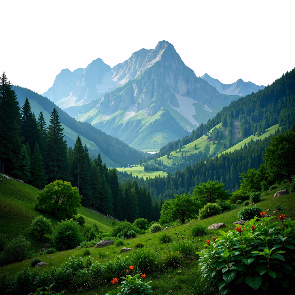 A tranquil mountain valley with vibrant greenery and misty peaks.