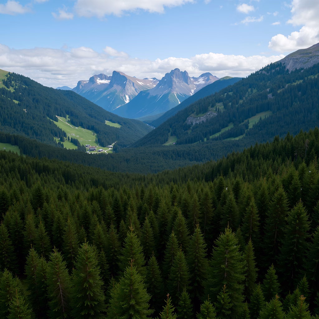 A tranquil mountain valley landscape with dense pine forests and distant snowy peaks.