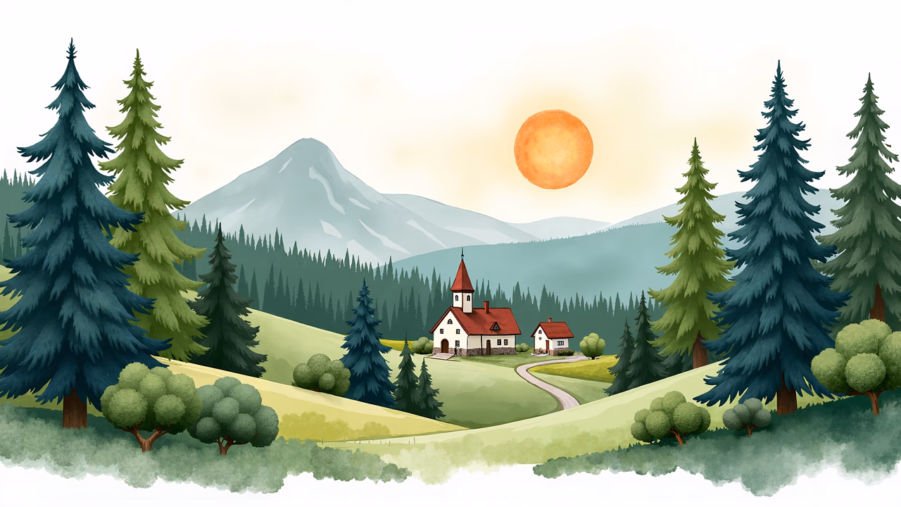 A picturesque mountain village surrounded by pine trees and snow-capped peaks under a golden sunset.