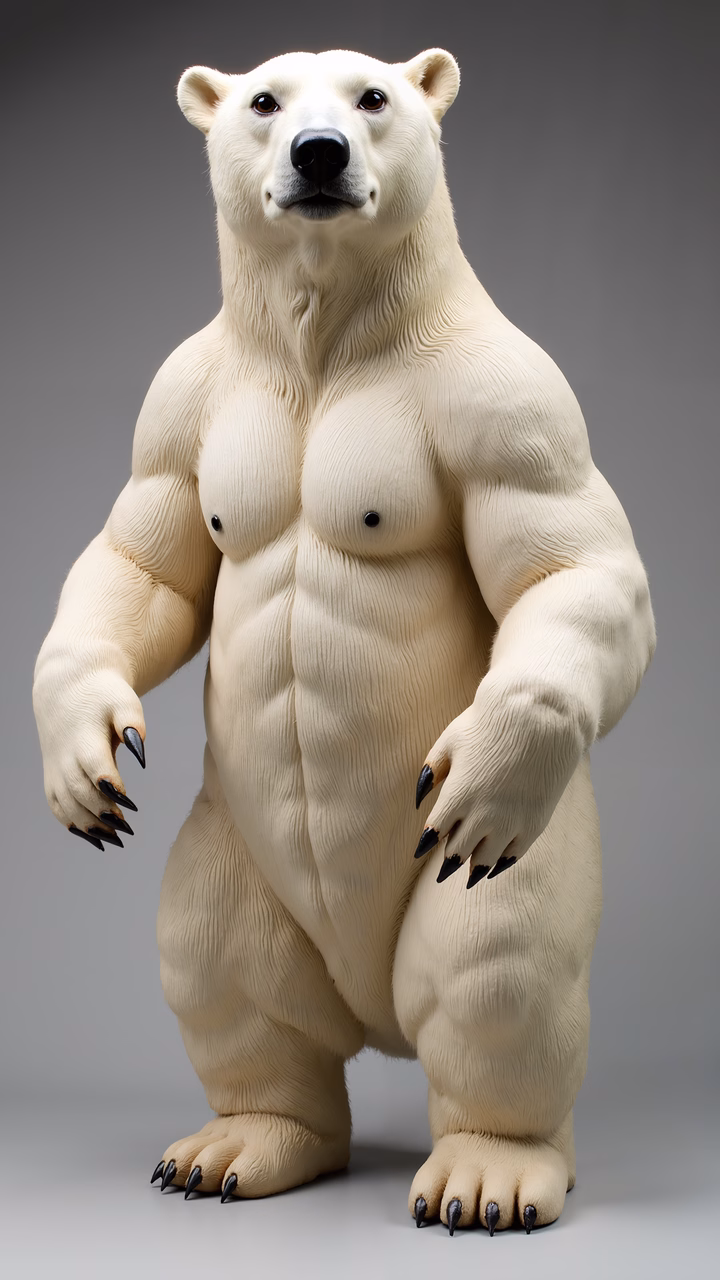Detailed illustration of a muscular polar bear with human-like features.