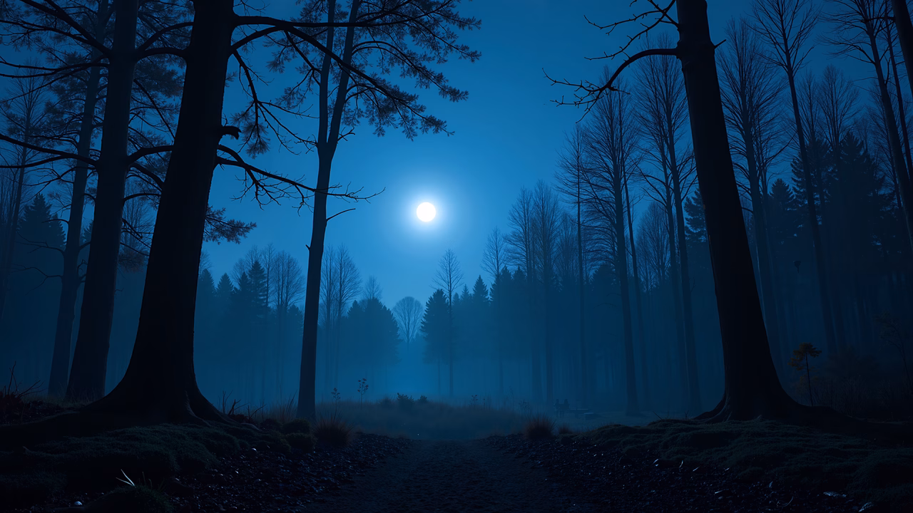 A tranquil night in a mysterious forest illuminated by a full moon.