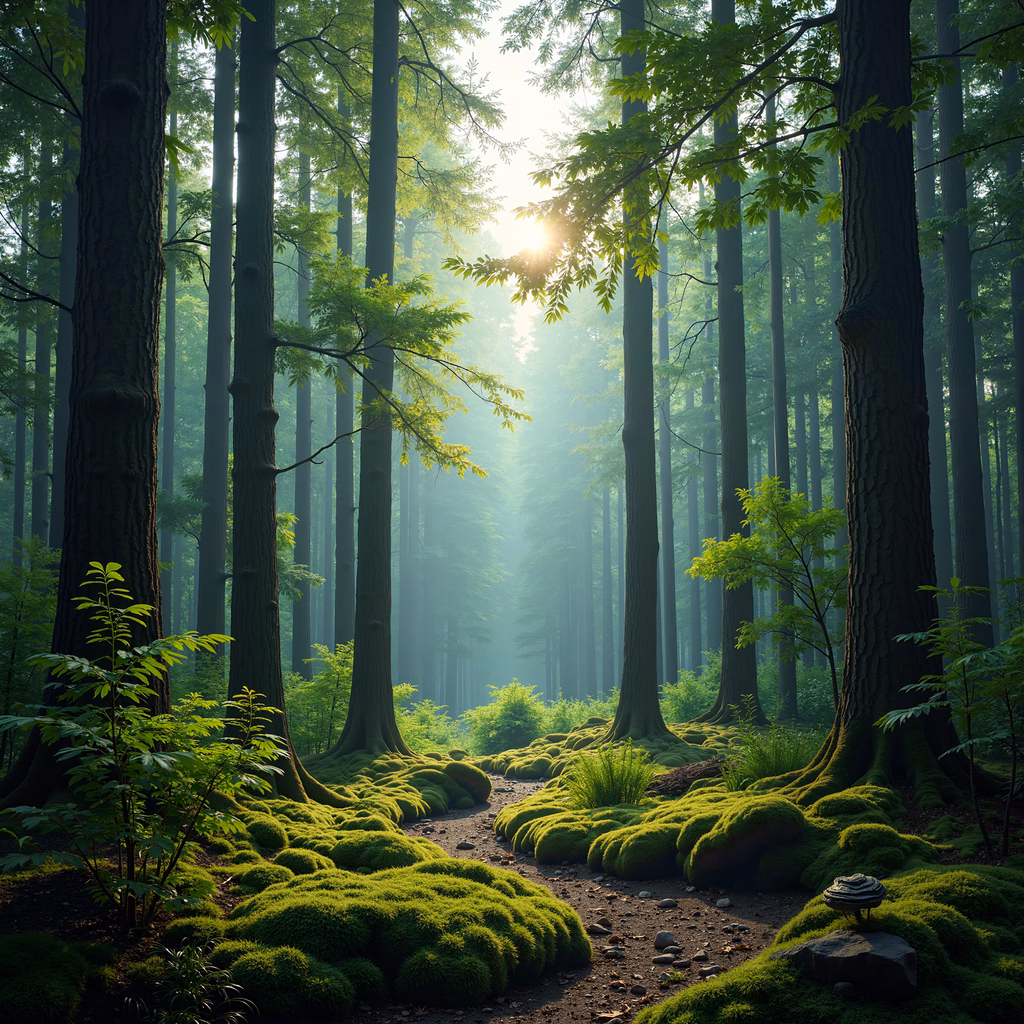 A tranquil forest scene with tall trees and vibrant green moss under morning light.