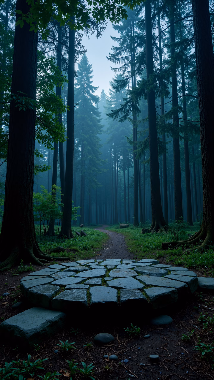 Mystic forest path amidst towering trees and misty ambiance.