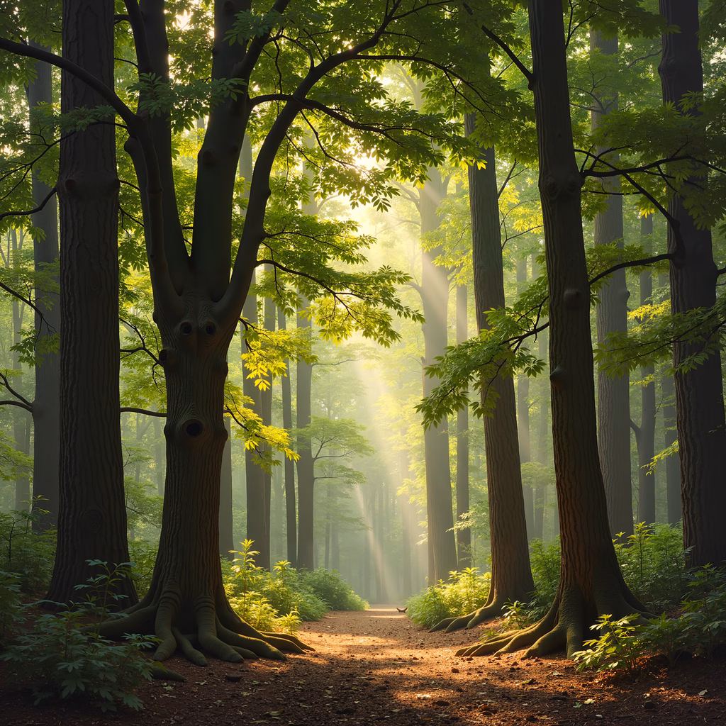 A mystical forest path bathed in soft sunlight, inviting exploration.