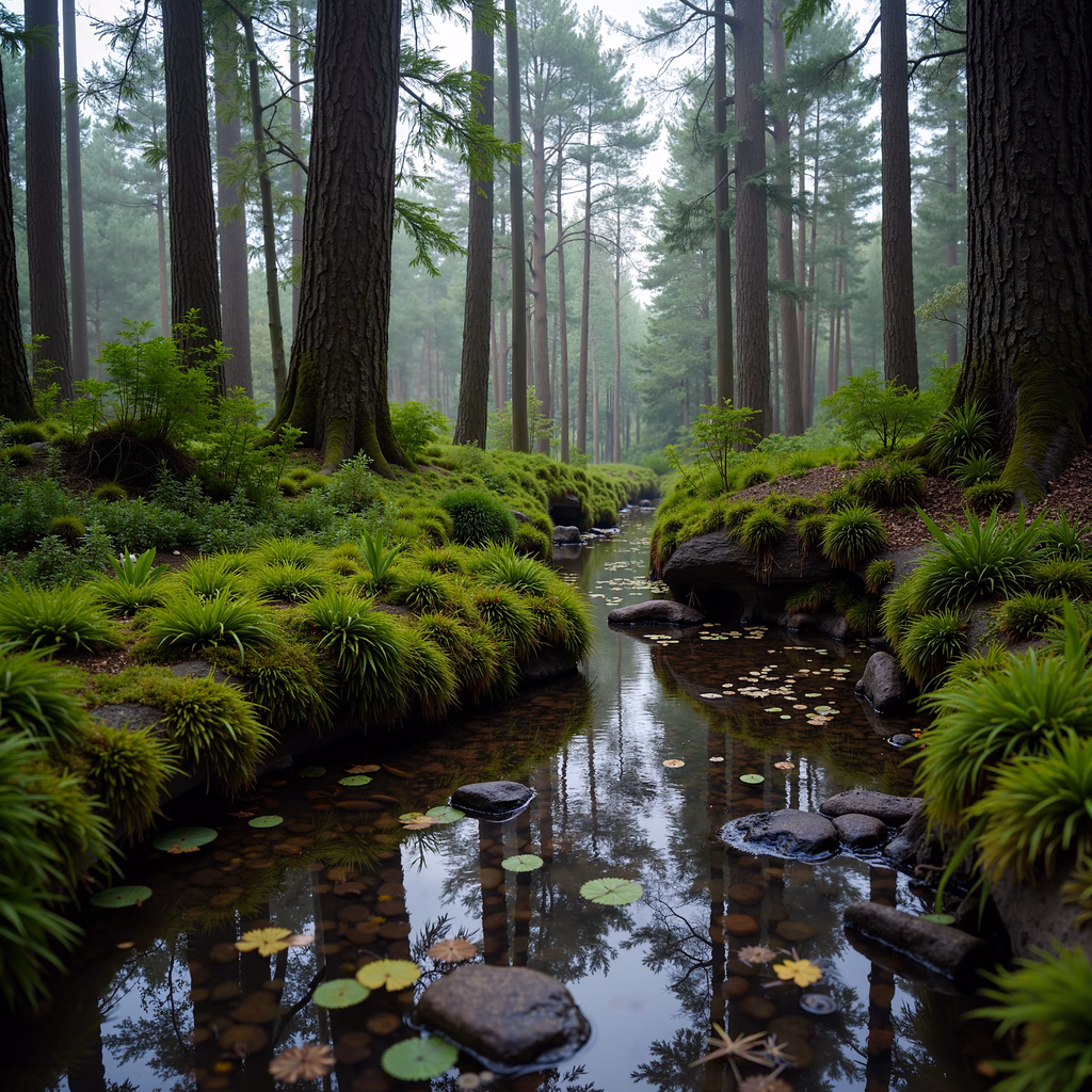 A peaceful forest stream surrounded by tall trees and vibrant greenery, reflecting tranquility and mystery.