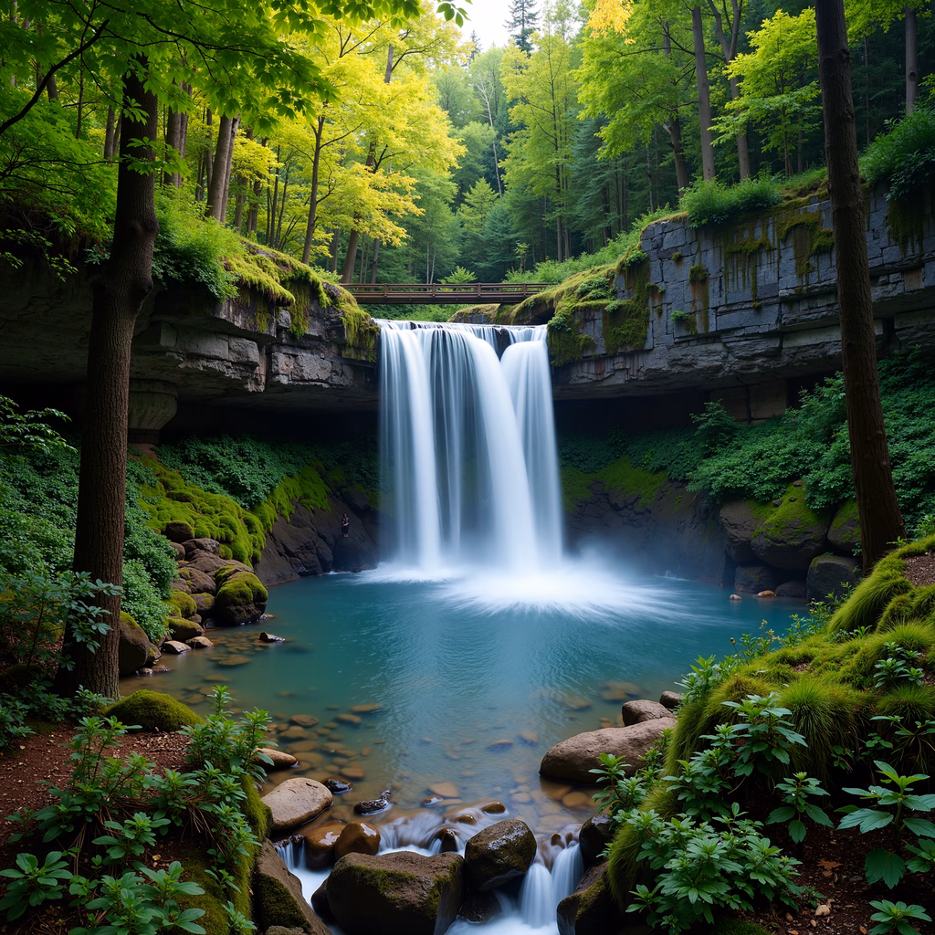 A breathtaking view of a waterfall nestled in a verdant forest, showcasing nature’s tranquility and beauty.
