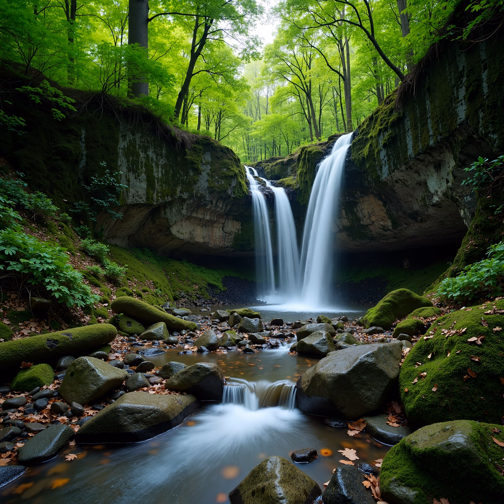 A peaceful waterfall surrounded by vibrant greenery and moss-covered cliffs.
