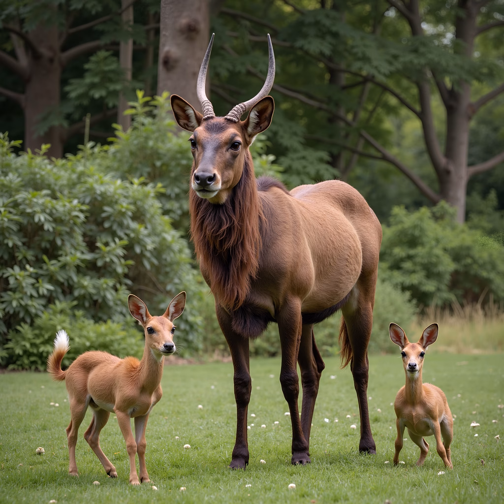 A majestic antelope and two curious fawns in a lush green setting, symbolizing harmony and tranquility.