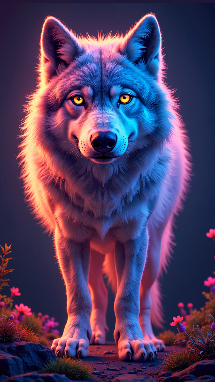 Vibrant neon wolf illustration with striking colors and detailed fur.