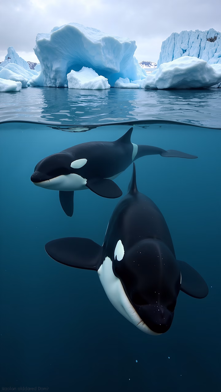 Two killer whales swimming beneath icebergs in a tranquil ocean setting.