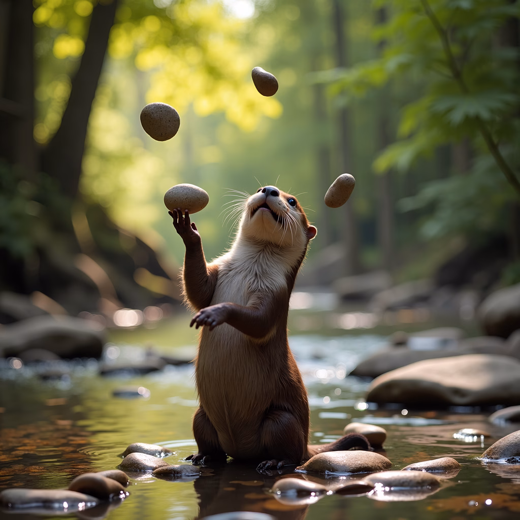Whimsical otter balancing rocks in a peaceful forest setting.