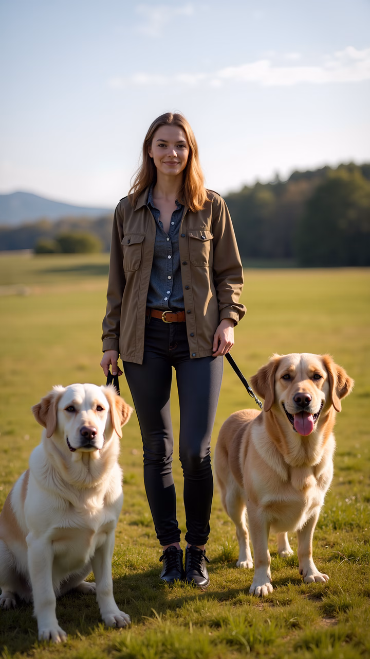 Woman walking two golden retrievers in a scenic outdoor setting.