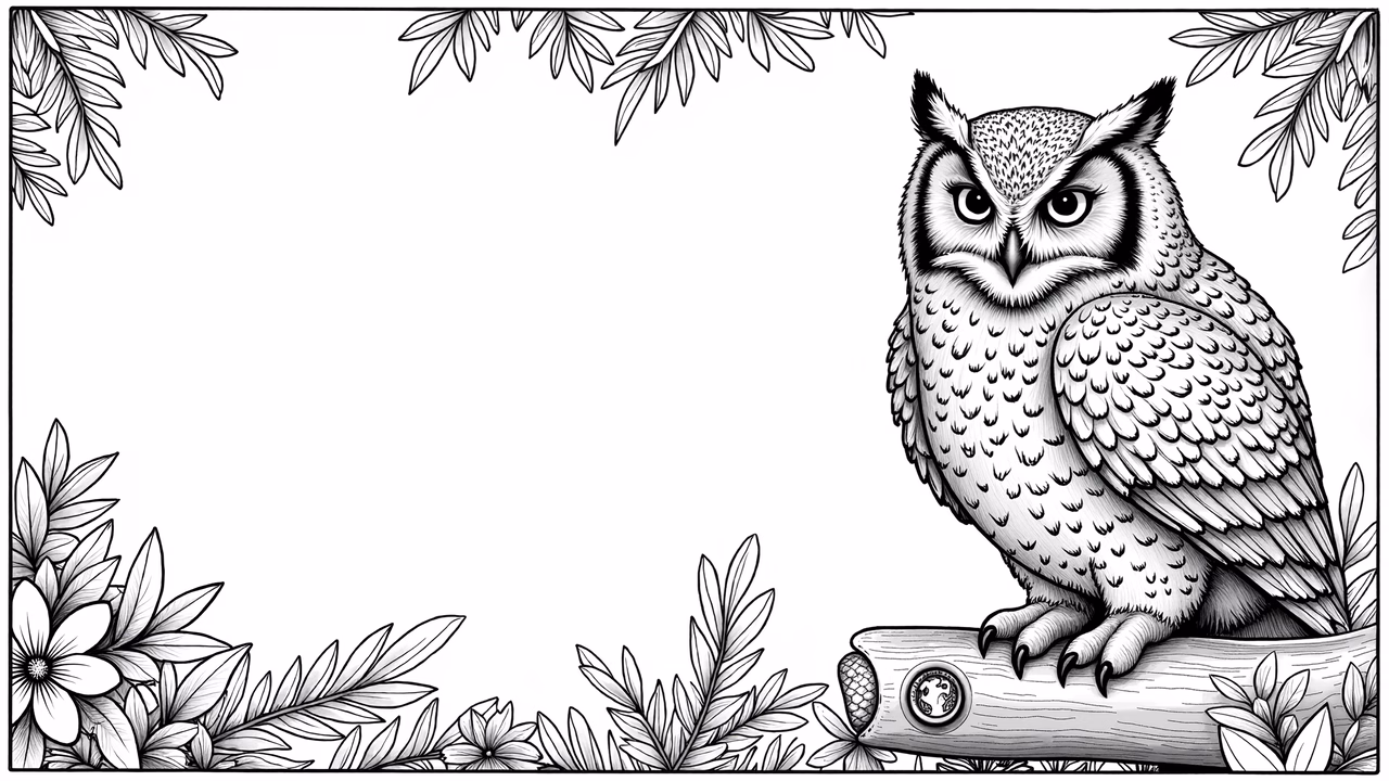 Detailed black-and-white owl illustration with intricate patterns and textures.