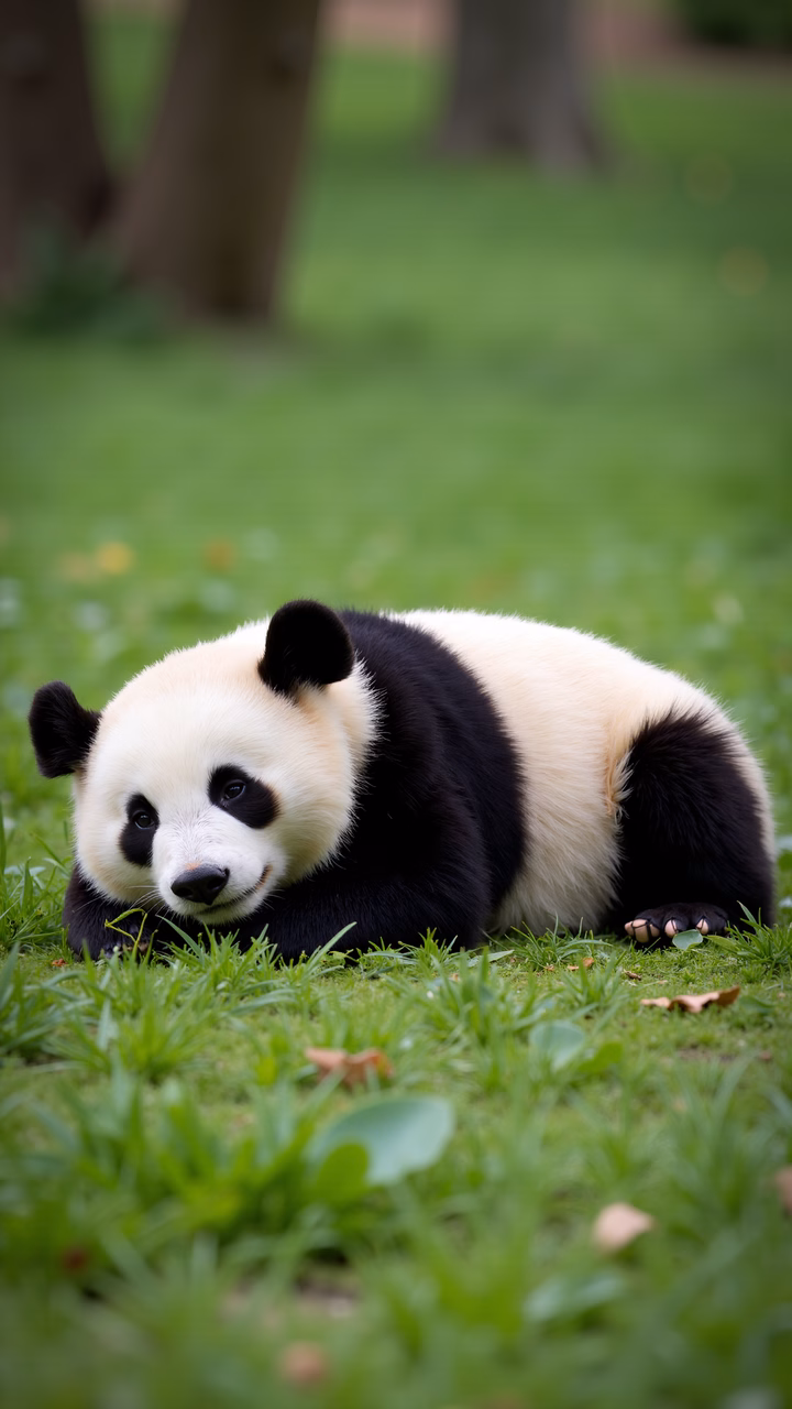 A panda resting on a green lawn, symbolizing peace and tranquility.