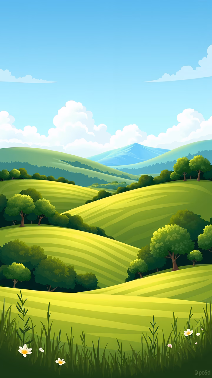 A peaceful pastoral landscape with rolling hills and wildflowers under a clear sky.