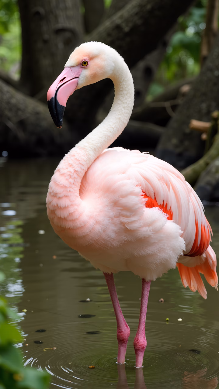 A close-up of a pink flamingo in natural surroundings, emphasizing its vibrant plumage and graceful stance.
