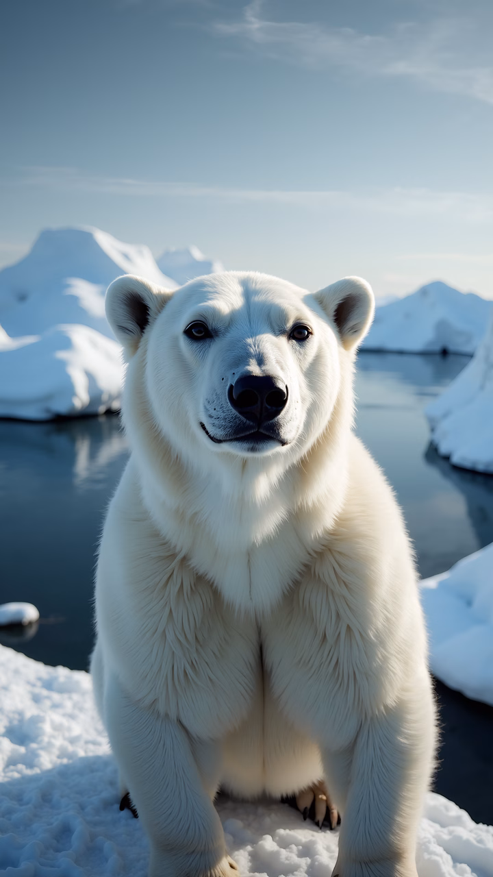 A polar bear in a snowy Arctic landscape, captured in natural light.