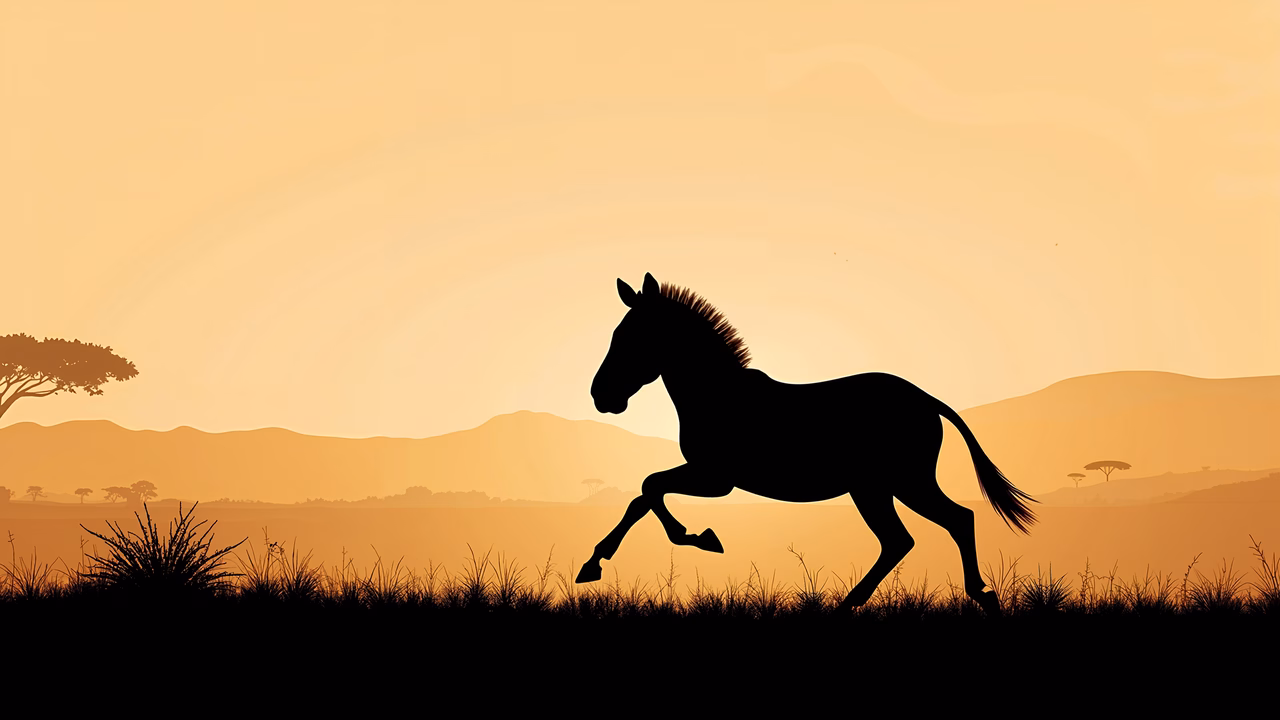 Dynamic horse silhouette against a warm sunset sky, evoking freedom and vitality.