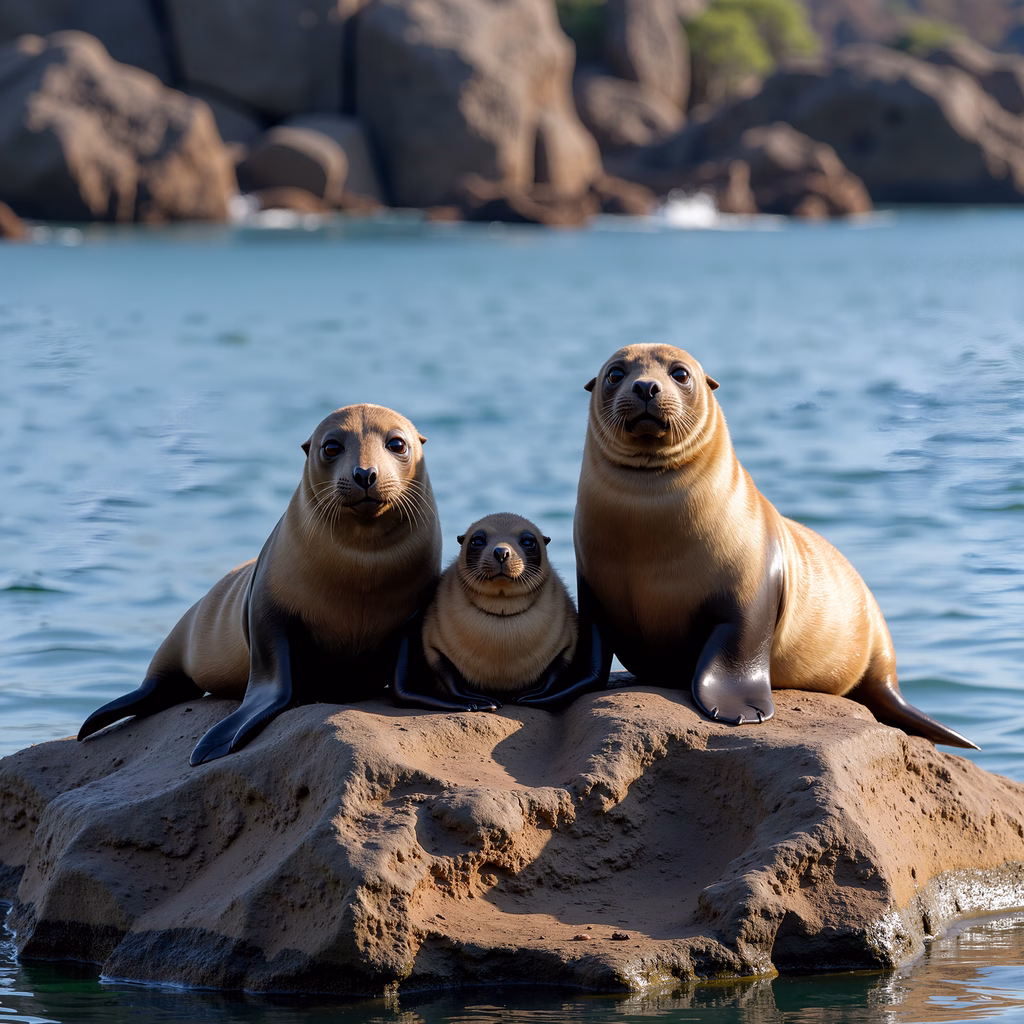 Three sea lions resting on a rock by the water, bathed in natural sunlight, creating a tranquil scene.