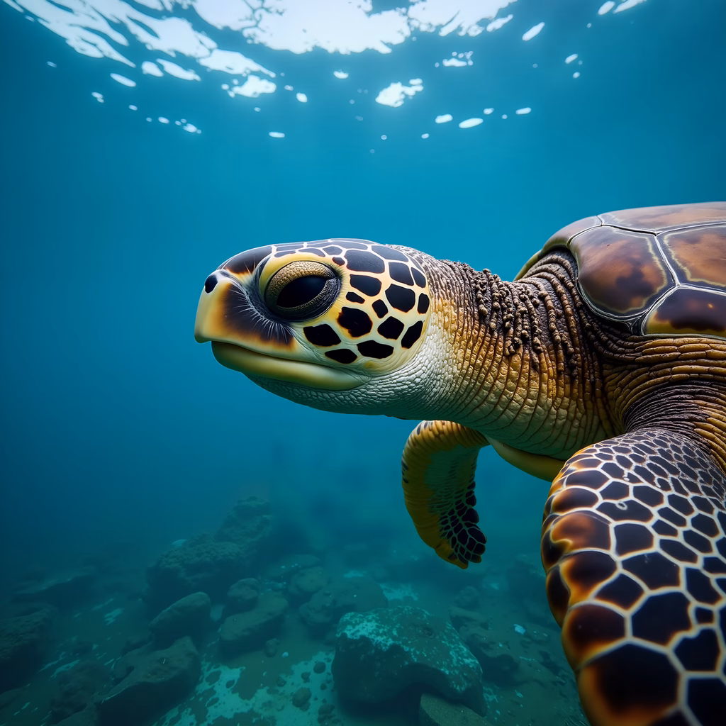 Close-up of a sea turtle swimming underwater, showcasing its detailed scales and serene ocean backdrop.